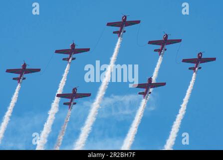 Marche Verte planes tied with steel ropes and very dangers  air show Royal Moroccan Air Force aerobatic team at Teknofest 2023 Stock Photo