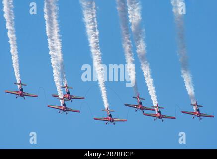 Marche Verte planes tied with steel ropes and very dangers  air show Royal Moroccan Air Force aerobatic team at Teknofest 2023 Stock Photo