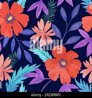 Seamless pattern with abstract red colorful flowers and various watercolor botanical elements. Hand drawn vector illustration. Stock Vector