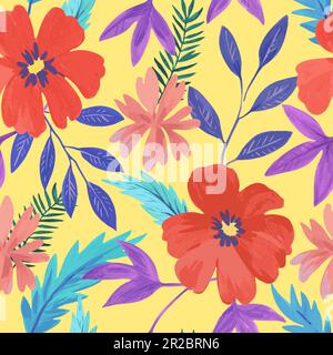Seamless pattern with abstract red colorful flowers and various watercolor botanical elements. Hand drawn vector illustration. Stock Vector