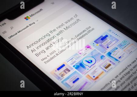 A blog post “Announcing the next wave of AI innovation with Microsoft Bing and Edge” from Microsoft Blog website seen in an iPhone. Stock Photo
