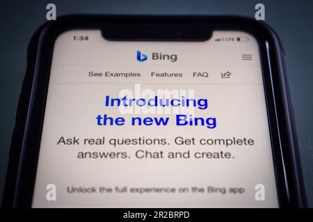 Vancouver, CANADA - May 14 2023 : A post “The New Bing - Learn More (Introducing the new Bing)” from AI-powered search engine Microsoft Bing website. Stock Photo