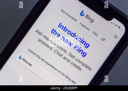 Vancouver, CANADA - May 14 2023 : A post “The New Bing - Learn More (Introducing the new Bing)” from AI-powered search engine Microsoft Bing website. Stock Photo