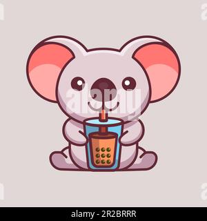 ILLUSTRATIONS OF KOALA DRINKING BOBA SUITABLE FOR LOGO MASCOTS, STICKERS, T-SHIRTS AND RELATED BUSINESS Stock Vector