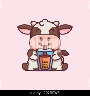 ILLUSTRATIONS OF COW DRINKING BOBA SUITABLE FOR LOGO MASCOTS, STICKERS, T-SHIRTS AND RELATED BUSINESS Stock Vector