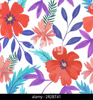 Seamless pattern with abstract red colorful flowers and various watercolor botanical elements. Hand drawn vector illustration. Stock Vector