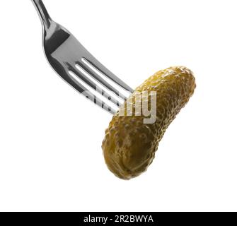 Fork with tasty pickled cucumber isolated on white Stock Photo
