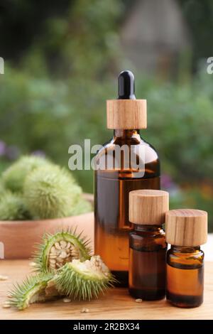 Apple essential oil on a wooden table near ripe red apples. Essential oil  is used to fill lamps, perfumes and in cosmetics. Stock Photo