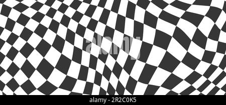 Trippy checkerboard background. Black and white retro psychedelic checkered wallpaper. Wavy groovy chessboard surface. Distorted and twisted geometric pattern. Abstract vector backdrop Stock Vector