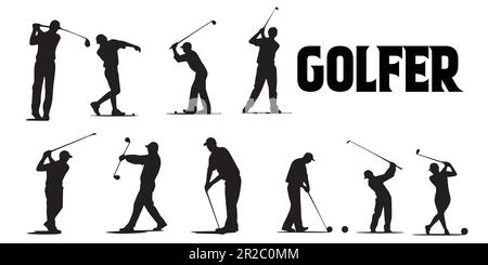 A black and white illustration of golf players' silhouette vector set. Stock Vector