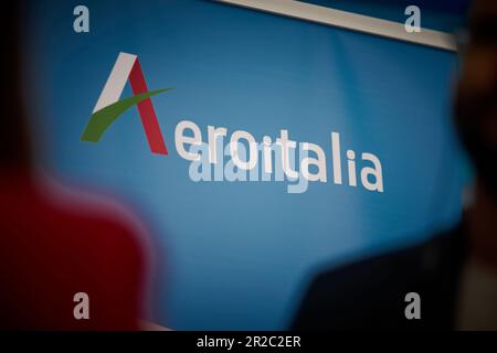 Bucharest, Romania. 18th May, 2023: The press conference announcing the launch of Aeroitalia flight operations at Bucharest Baneasa 'Aurel Vlaicu' International Airport. Italian airline AeroItalia will start flights in Romania on June 2 with a first flight on the route Bucharest Baneasa 'Aurel Vlaicu' International Airport - Rome–Fiumicino International Airport 'Leonardo da Vinci'. Credit: Lucian Alecu/Alamy Live News Stock Photo