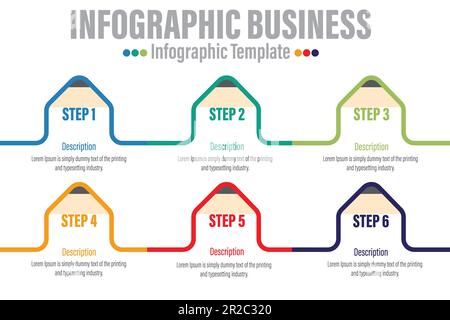 Infographic pencil templates with 6 Step or Six 6 options for Business Vector Illustration. Stock Vector