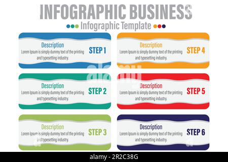 Modern infographic template with Six 6 steps. Business circle template with options for brochure, diagram, workflow, timeline, web design. Stock Vector
