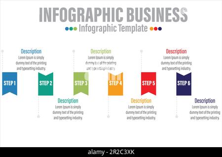 Six 6 steps, six 6 option Business info graphics template with option number work flow four steps Stock Vector