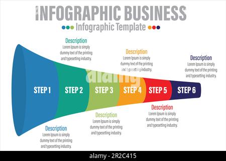 Concept business process with 6 Steps 6 successive steps. Three colorful graphic elements. Timeline design for brochure, presentation, web site. Infog Stock Vector