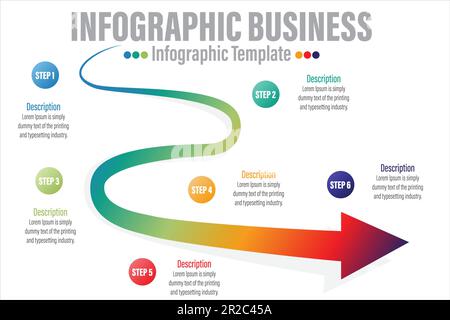 Curve Road Map Infographic Template and Business Icon with Six Steps. Infographic with Road and Location Pin Six 6 Steps Points for Presentations, Fin Stock Vector