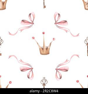 seamless watercolor pattern with crown, key and bow. cute pattern for princesses. textiles for little babies. enjoy Stock Photo