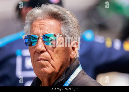 Indianapolis, United States. 18th May, 2023. IndyCar racing legend and team owner Mario Andretti watches practice for the 2023 Indy 500 at Indianapolis Motor Speedway in Indianapolis. (Photo by Jeremy Hogan/SOPA Images/Sipa USA) Credit: Sipa USA/Alamy Live News Stock Photo