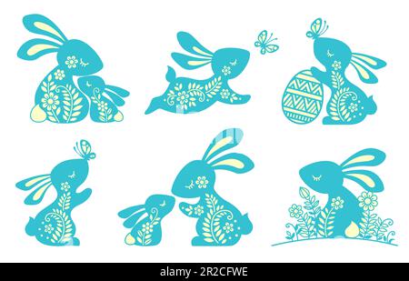 Set of ornate easter bunny's. Vector illustration hare, bunny, rabbit and butterfly. Silhouette of cute bunny with Easter egg, butterfly for laser cut Stock Vector