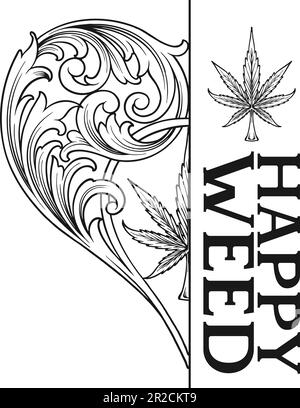 Vintage elegant cannabis leaf heart swirl floral ornament monochrome ...
