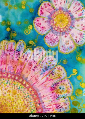 Happy decorative flowers on a turquoise background. The dabbing technique near the edges gives a soft focus effect due to the altered surface roughnes Stock Photo