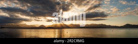Panoramic view of sunset over Pollenca bay. Beautiful Mallorca, Balearic island, Spain Stock Photo