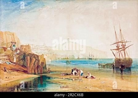 Scarborough town and castle, morning, boys catching crabs, landscape painting by JMW Turner, circa 1810 Stock Photo