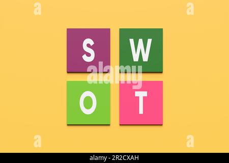 Business marketing SWOT analysis concept. The word SWOT strengths weaknesses opportunities and threats on colorful square blocks on yellow background. Stock Photo