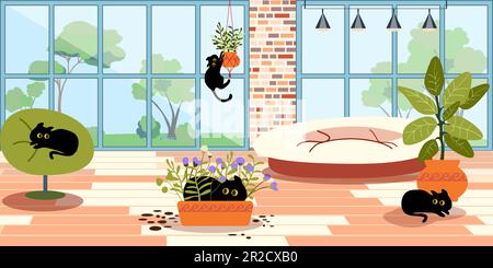 Cute cats play at home. Place for animals. The playful cat broke the flower pot and scattered the soil. Cats in the room. Pet friendly. Vector illustration of an interior with animals. Stock Vector