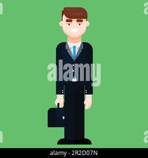 Standing business man in suit holding briefcase. Flat style vector illustration Stock Vector