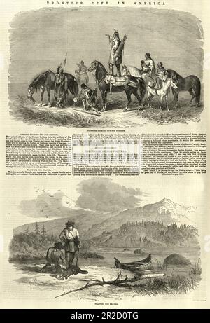 Scenes of Frontier life in America, 1850s, 19th Century newspaper page, Pawnees native americans looking out for enemies, trapping beavers Stock Photo
