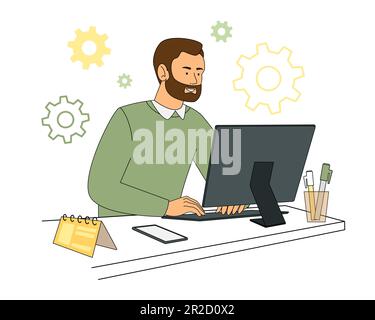 A man working at a table with a computer in home clothes, with a cactus and a cat. Vector illustration in flat cartoon style Stock Vector