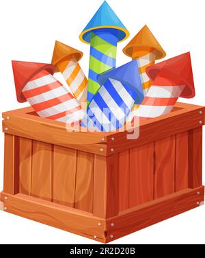 Fireworks Pyrotechnic in wooden box set with rockets and fireworks for festivals, parties in cartoon style isolated on white background Celebration of any occasions salute elements pyrotechnic devices. Vector illustration Stock Vector