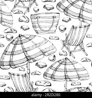 Hand drawn vector ink beach striped chairs bags and umbrellas Seamless pattern. Isolated on white background. Design wall art, wedding, print, fabric Stock Vector