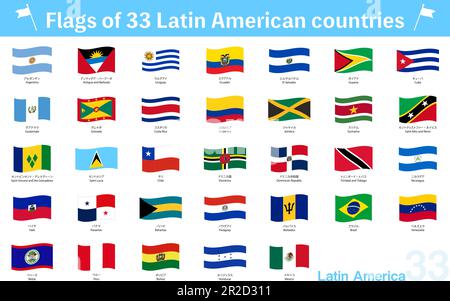 Fluttering World Flag Icons, Set of 33 Latin American Countries, Vector Illustration Stock Vector