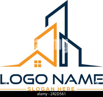 A logo for a real estate company with a building and a blue and orange logo Stock Vector