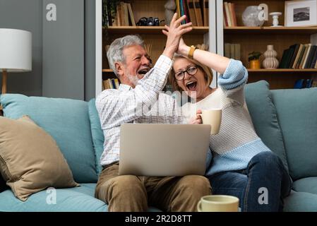 Excited senior mature couple surprised by good unbelievable news, unexpected win, huge shopping sale offer on website, astonished older middle aged fa Stock Photo