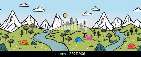 Cute hand drawn landscape with mountains, tents, trees, hills. Simple illustrated landscape, adventure - great for banners, wallpapers, cards. Stock Vector