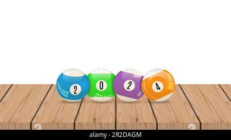 Wooden shelf table with glossy snooker balls and text 2024, vector illustration. Stock Vector
