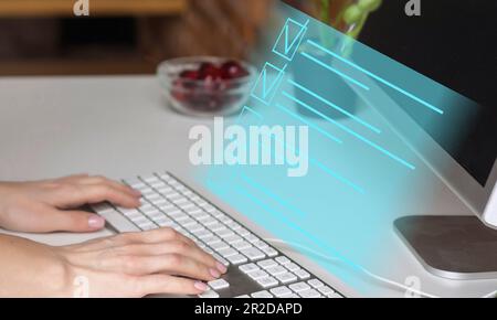 Process automation to efficiently manage files. Online documentation database and document management system concept. Businesswoman working on laptop Stock Photo
