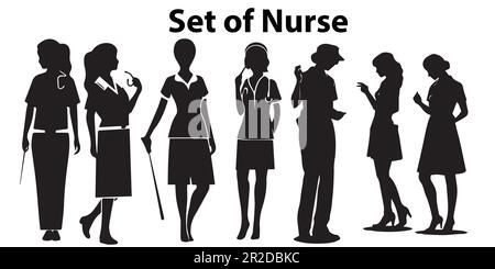 A set of silhouettes of a nurse vector illustration. Stock Vector