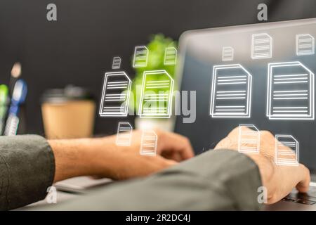 Businessman work from home using laptop with virtual screen. Online document database system and electronic document management system concept. Proces Stock Photo