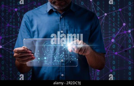 Lock icon and internet network security technology. Businessman touching to sign in for protecting personal data with virtual screen interfaces. Cyber Stock Photo