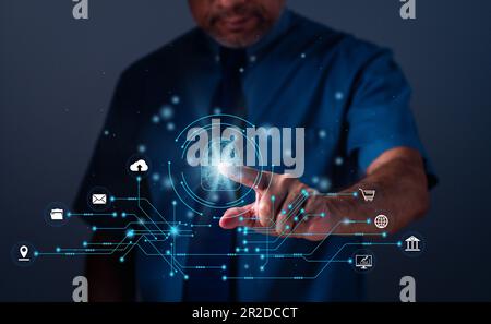 Cybersecurity and privacy concepts to protect data. Businessman touching to sign in for protecting personal data with virtual screen interfaces. login Stock Photo
