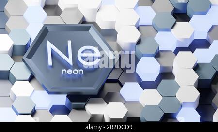 3D rendering of hexagonal crystal lattice of Neon gas chemical element. Industrial honeycomb material production background. Realistic blue grey illus Stock Photo