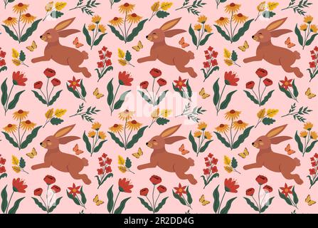 Cute bunny and Duckling in Spring Bloomy flourish garden vector seamless pattern. Vintage romantic nature hand drawn print. Vector illustration Stock Vector