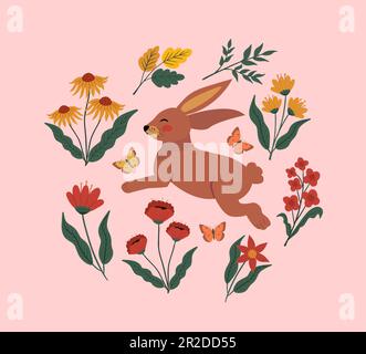 Rabbit and Flowers Childish vector illustration. Bunny Print design for childrens textiles. vector illustration Stock Vector