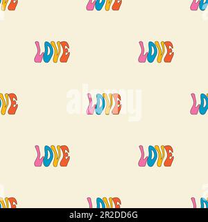 Vector seamless pattern -Y2k groovy quote LOVE lettering. Funky retro aesthetic prints for modern fabric design with melting organic shapes. Stock Vector