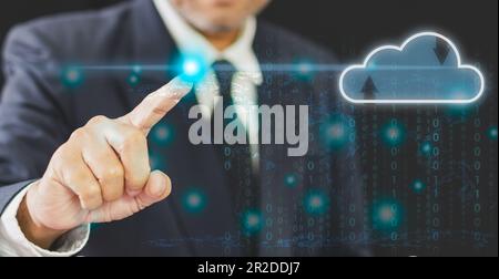 businessman hand hold datum digital cloud to connection network for download, upload database business information to storage server, man use technolo Stock Photo
