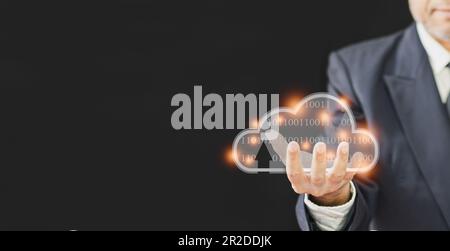 businessman pointing datum digital cloud to connection network for download, upload database business information to storage server, man use technolog Stock Photo